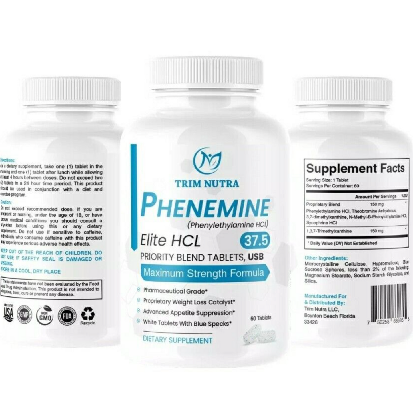 3 Bottles Phenemine Elite Best 37.5 P White/Blue Speckled Tablets