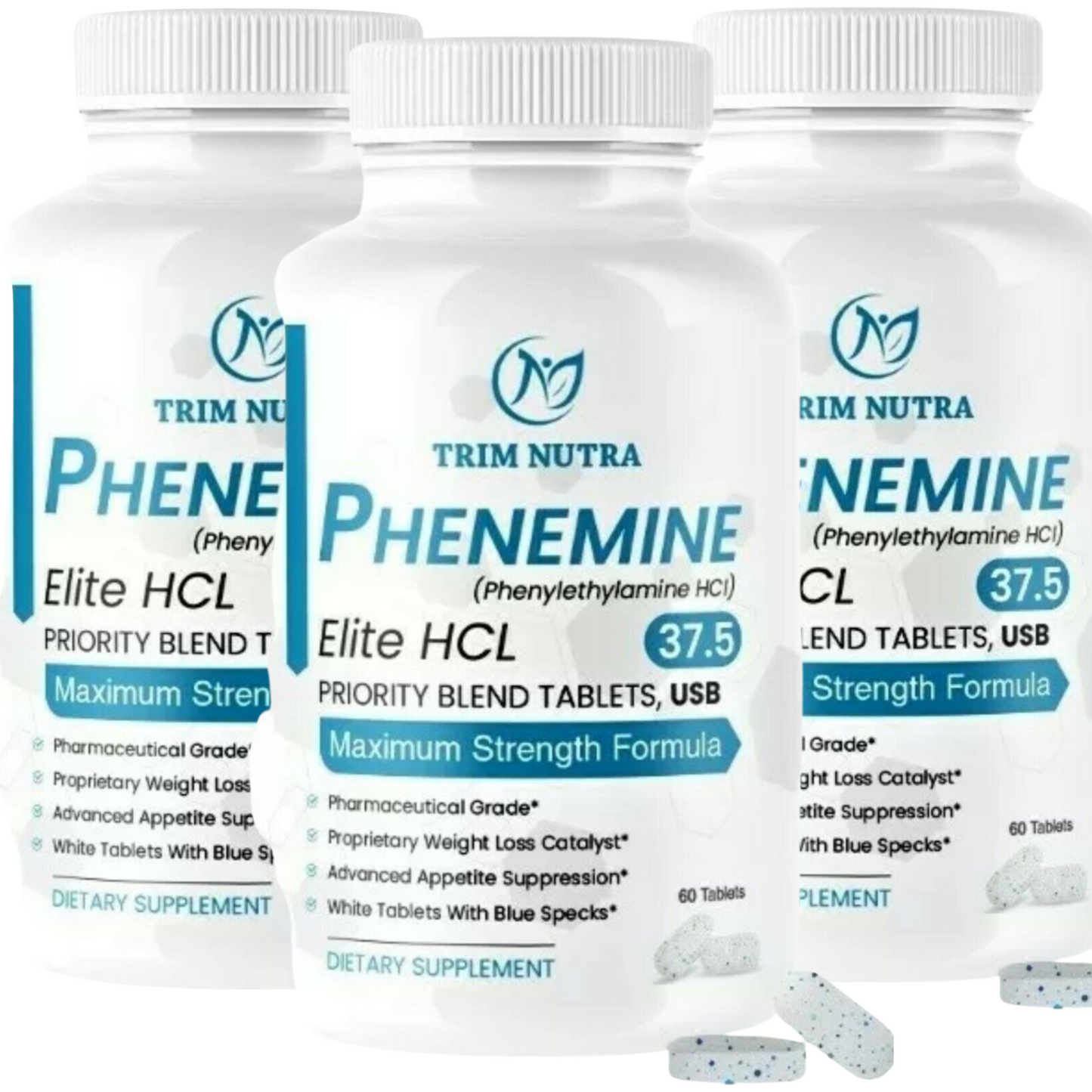 3 Bottles Phenemine Elite Best 37.5 P White/Blue Speckled Tablets